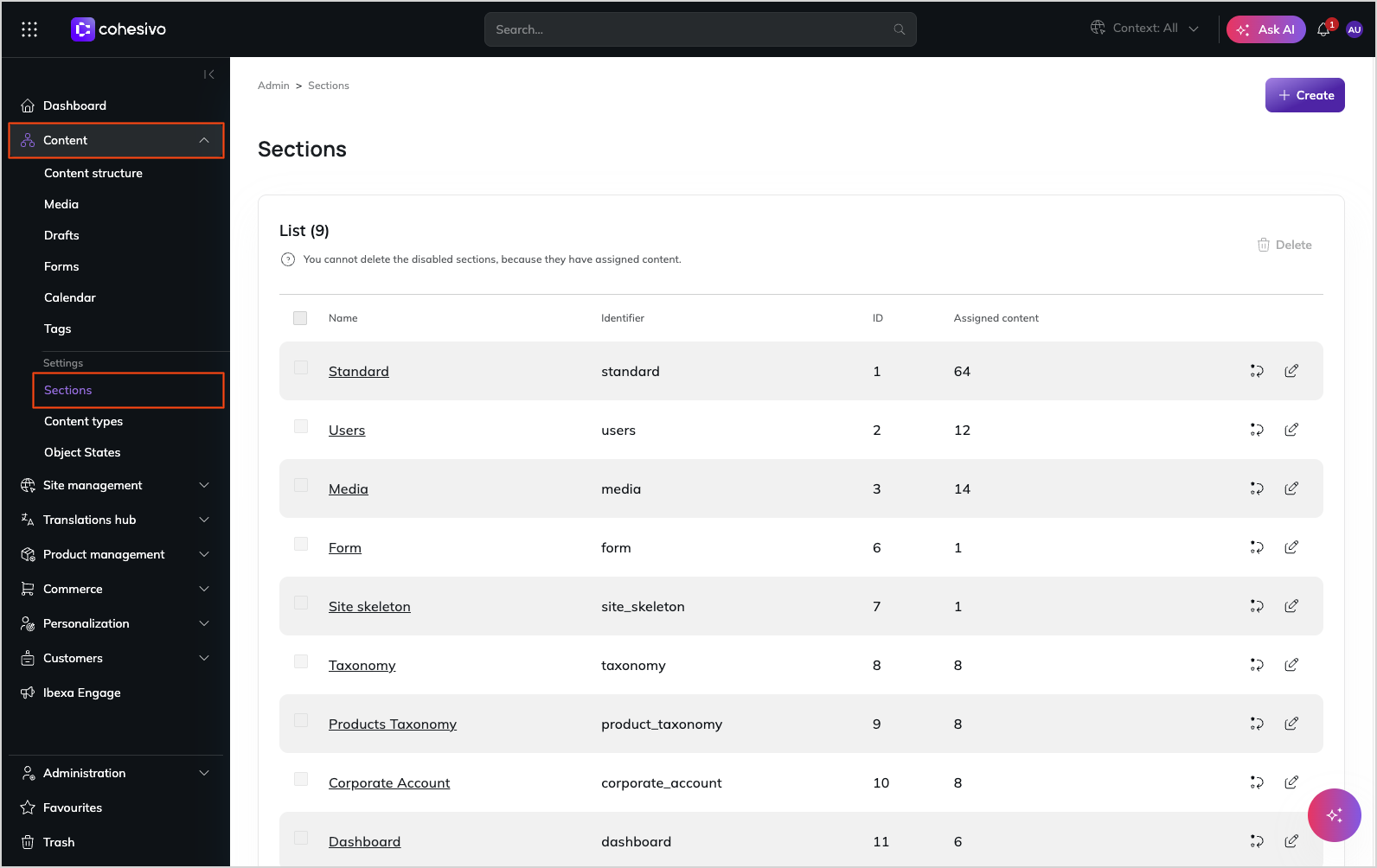 Sections screen