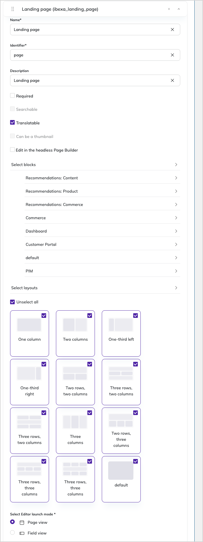 Landing page field settings